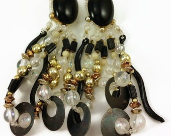 Vintage Black and White Beaded Dangle Earrings Oval with multi-strands of beads