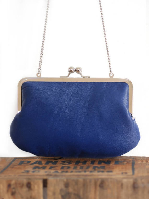 Leather clutch bag royal navy blue purse silk-lined handbag
