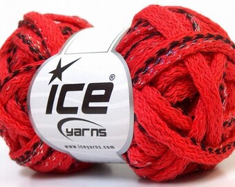 ICE FRILLY YARN (45% WOOL) WOOL BLACK RED WITH SILVER 50G FINGERING //57 4.5/5