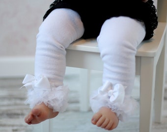 White Leg Warmers Baby Outfit leggings pants with cotton or tulle ruffles