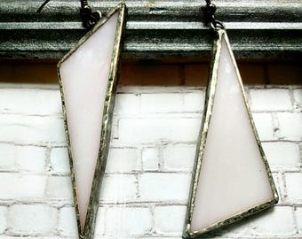 Pearly Mismatched Triangle Stained Glass Earrings, Triangular Earrings, Geometric Earrings, Minimalist Earrings, Asymmetric Earrings