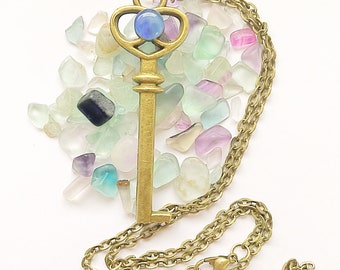 Bronze Vintage Large Skeleton Key Necklace Opal Fairytale Mothers Day Gift Bohemian Boho
