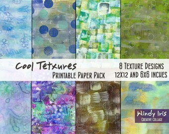 Cool Textures Printable Paper Pack of 8x Colorful Papers 6x6 Inch and 12x12 Inch, Digital Papers and Collage Backgrounds by Windy Iris