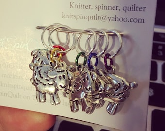 Rainbow sheep silver charm knitting stitch markers -- set of five -- fits up to US 9 needles