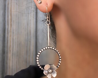 Sterling Drop Earrings With Flowers, Botanical Jewelry For Daughter, Nature Inspired Floral Jewelry For Women, Spring Gift Ideas For Her.