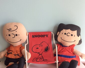1950's Charlie Brown And Lucy Peanuts Rag Dolls and Snoopy Sling Chair, 1952 Rare Mid Century Peanuts Characters, 50s Lucy And Charlie Brown