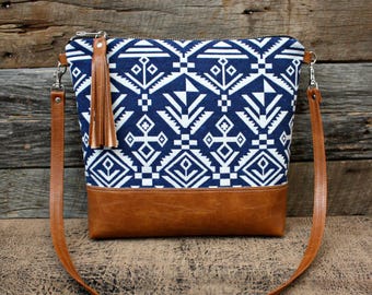 Navajo Fabric Southwestern Bohemian Bag with Faux Leather Strap Tassel