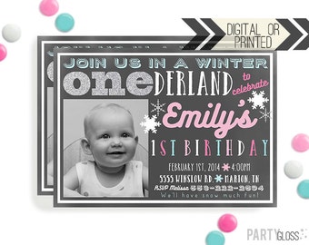Chalkboard Onederland Invitation | Digital or Printed | Wonderland Invitation | Onederland Invite | Silver Glitter Invite | Pink Aqua Silver