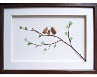 Bird family wall art, Sea glass art, Pebble art family of 3 gift, New home housewarming gift, Framed wall art, Family home decor