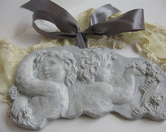 Cherubs Wall Plaque Paris Grey Angels Satin Ribbon Trim Shabby Chic Cottage French Farmhouse Vintage Decor