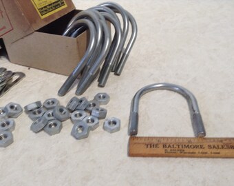 10 Vintage U Bolts with Nuts and Plates, New Old Stock Hardware, Salvaged Hardware, Steampunk, Assemblage, Altered Art, Craft Supply