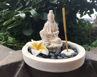 Zen Garden Quan Yin Sculpture, Mini Zen Garden with Incense, Zen Garden Kit, Quan Yin Carving and Garden