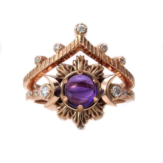 Gypsy Amethyst Moon Phase Engagement Ring Set - Rose Gold and Diamond Wedding Ring Set