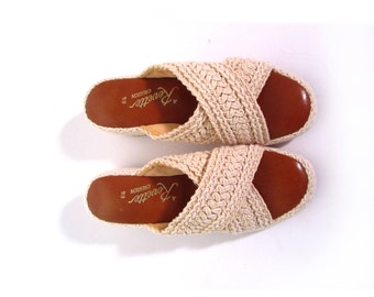 Vintage 70s Boho Chic Slip On Woven Cotton Slip On Wedge Sandal Heels women 6 hippie creamy clog open toe vestiesteam indie braided
