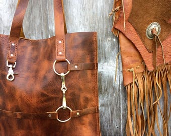 Equestrian Tote Bag - Snaffle Horse Bit -Distressed Heavy Leather in Rusty Brown Autumn Harvest Leather - Large Leather Bag - by Stacy Leigh