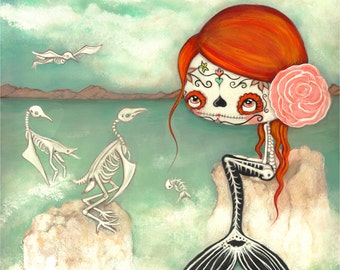 Day Of The Dead Girl Print Cute Dead Zombie mermaid Bird Skeleton Wall Art