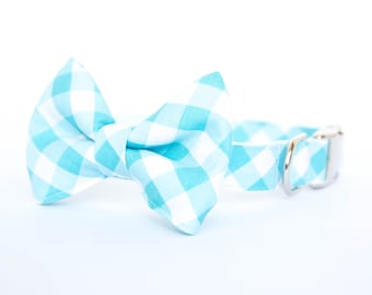 Dog Bowtie Collar - Turquoise Gingham