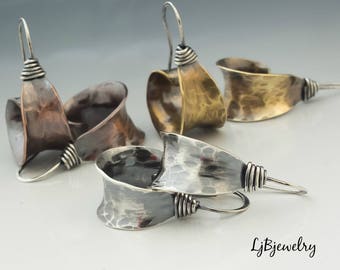 Hoop Earrings, Silver Earrings, Red Brass Earrings, Copper Earrings, Dangle Earrings, Mixed Metal Earrings, Metalsmith, Organic Style