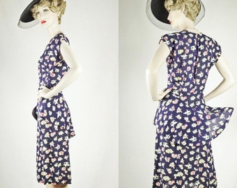 1940s Rayon Crepe Dress Navy Blue Lively Print Peplum Sz 10-12 #G1491