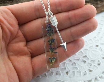 Mother Gift Long necklace Real flower pendant Silver arrow necklace Charm neclace Lavender Gift|For|Girlfriend Boho necklace Resin jewelry