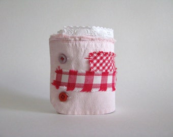 pink and red wrist cuff - floral accents shabby tattered pink wrist cuff - feminine shabby red pink bracelet - tattered cuff - gift for her