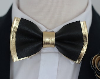 Black and Gold mens leather bow tie for men, gold wedding bow tie, genuine leahther bowtie, gold bow tie, rustic bow tie, toddler, boys