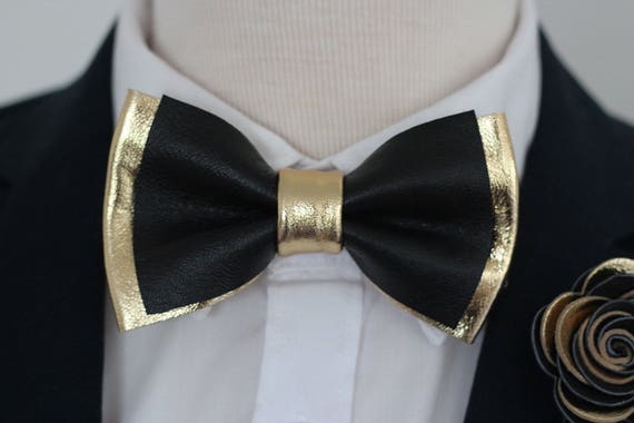 Black and Gold mens leather bow tie for men gold wedding bow