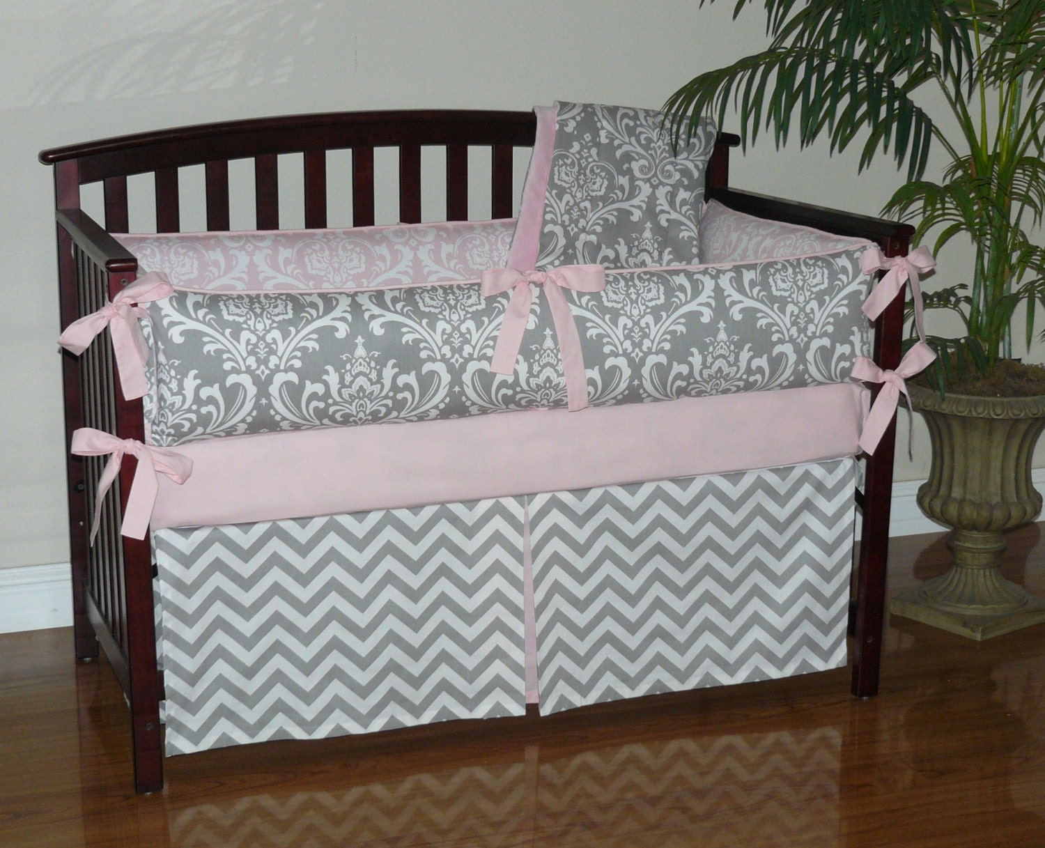 Baby Bedding Light Pink Gray Damask Chevron 3 5pc Zoom