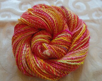 Raspberry Lemonade handspun yarn w/ merino,silk, sparkle and angora, 165 yards of sport weight