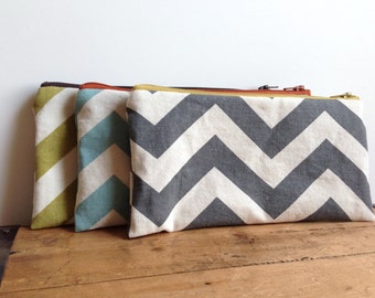 Gray Chevron Pencil Pouch, Grey Yellow Pencil Case, Back to School