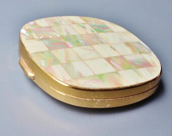Vintage Retro 1960s Paris Presents Ltd Mother of Pearl Shell Inlaid Brass Powder Mirror Compact Case