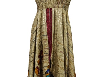 Boho Hippie Sun-n-Beach Halter Dress Recycled Silk Two Layer Vintage Printed Dresses