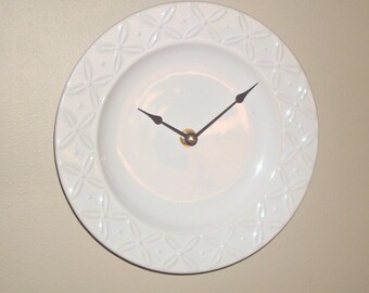 Off White Floral Embossed Wall Clock, 8 Inch Ceramic Plate Wall Clock, Kitchen Clock, White Kitchen Decor - 2515