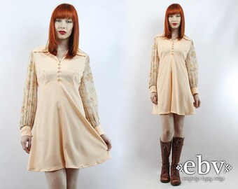 1970s Dress 70s Dress Hippie Dress Boho Dress Hippy Dress Peach Dress Longsleeve Dress Vintage 70s Peach Floral Babydoll Dress L