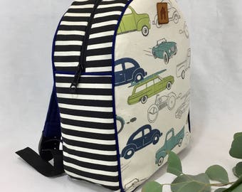 Toddler backpack, vintage cars, navy and stripes, little boys backpack, small backpack, customize, personalize