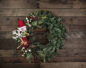 18” Pine and Snowman Christmas Wreath with Jingle Bells and Pine Cones