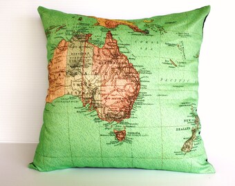 Vintage map cushion cover/ map pillow AUSTRALIA NEW ZEALAND / map cushion/ 40cm cushion/ organic cotton cushion cover.