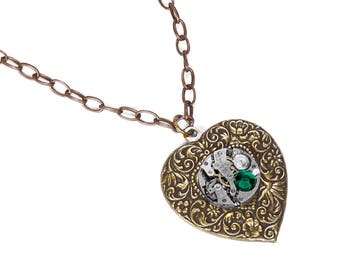 Steampunk Jewelry, Women HEART Necklace Silver Watch EMERALD Crystal, Wedding Anniversary, Girlfriend Valentine Gift - Jewelry by edmdesigns
