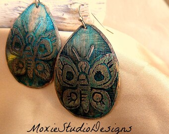 Rustic Green Butterfly Earrings, Copper Earrings, Butterfly Dangle Earrings, Bohemian Earrings, Boho Earrings, Etched Copper Earrings