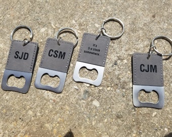 Personalized Engraved Leather Bottle Opener Keychain, Wedding Gift, Wedding Favors, Groomsman Gift, Keyring, Key FOB, Key Holder, Key Clip