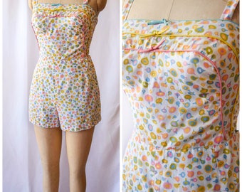 Candy Drop | Vintage 1950's Pastel Print Playsuit Vintage Romper Soft Cotton Sun Suit GABAR Blue Yellow Pink Piping and Bows Bust 32-34