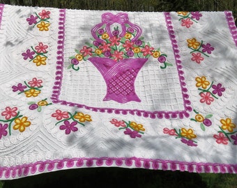 A Rainbow of Happy, Vibrant Lollipop Flowers & Hearts Vintage Cotton Chenille Bedspread