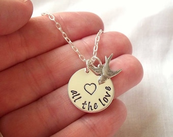 All The Love Necklace ~ Sterling Silver. Hand Stamped, Harry Styles Inspired, Swallows, Open Heart
