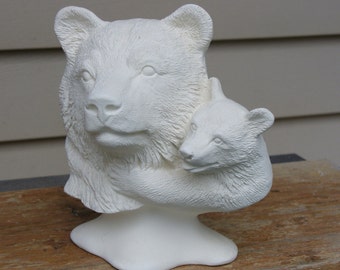 Ceramic Bisque Bear and Cub Bust