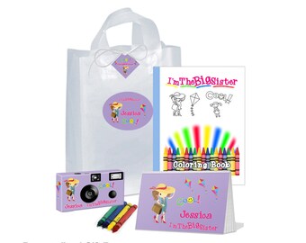 I'm The Big Sister Gift Bag -- full of goodies -- in LAVENDER -- camera, photo album, coloring book, crayons, gift tag - can be PERSONALIZED