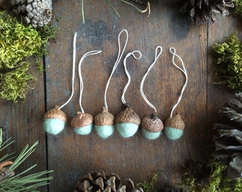 Felted wool acorn Christmas ornaments, set of 6, Mint Green, miniature acorn ornaments, mini ornament set, mint green felt acorn ornaments