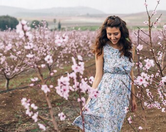 long silk\dress\floral print\Blue\pink and green