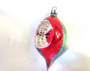 Vintage Christmas Ornament, Small Red, Blue and Green Teardrop Indent Ornament from Poland