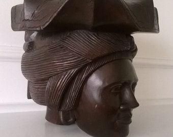 Hand Wood Sculpture - Polynesian Women - Head Statue - Ethnic - Signed By Robert Donald Artist