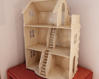 Dollhouse v3. Big plywood Doll house for Barbie. 1:6 scale vector model for CNC router and laser cutting. Barbie size dollhouse.